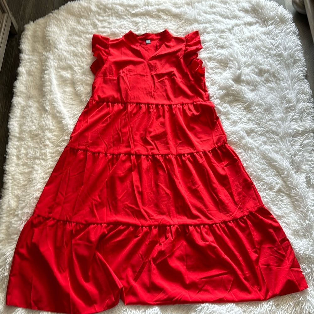 Red Notched Neckline Ruffle Trim Smock Dress.  New, never worn.